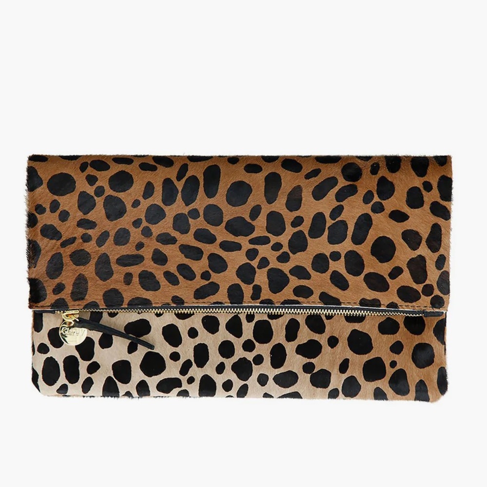 Clare V. Foldover Clutch in Leopard Hair-On Calf Leather